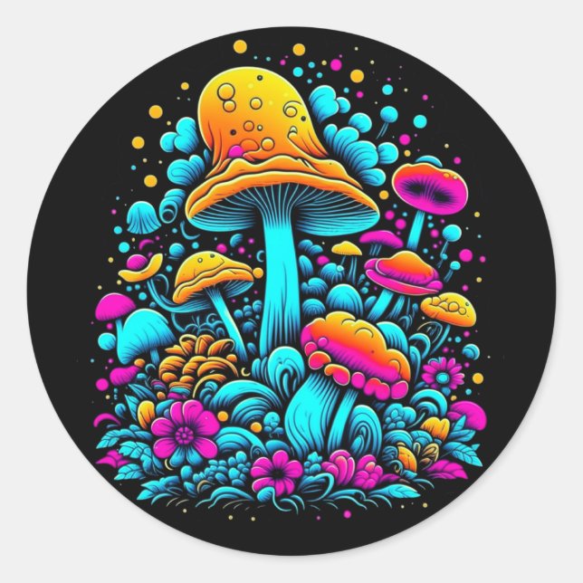 Sticker Rond Champignons et fleurs rétro Neon (Devant)