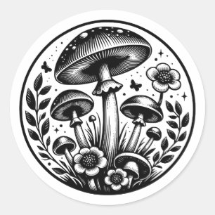 Sticker Rond Champignons et fleurs vintages