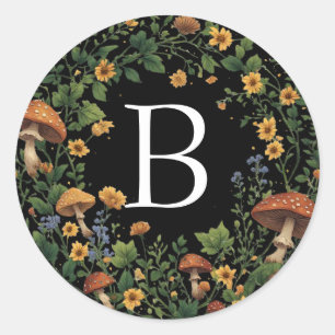 Sticker Rond Champignons Floraux Initiale Personnalisée sur Fon