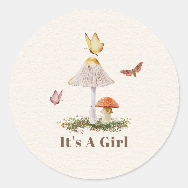 Sticker Rond Champignons Papillons Nature Fille Baby shower (Devant)