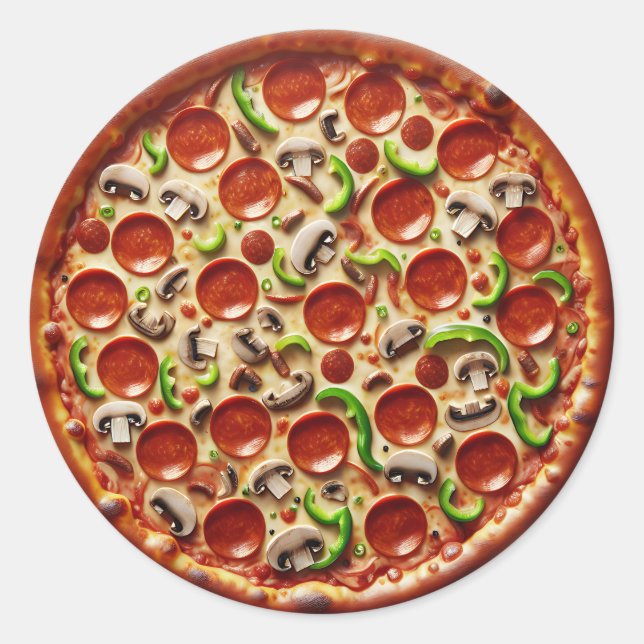 Sticker Rond Champignons, poivrons verts et pizza Pepperoni (Devant)