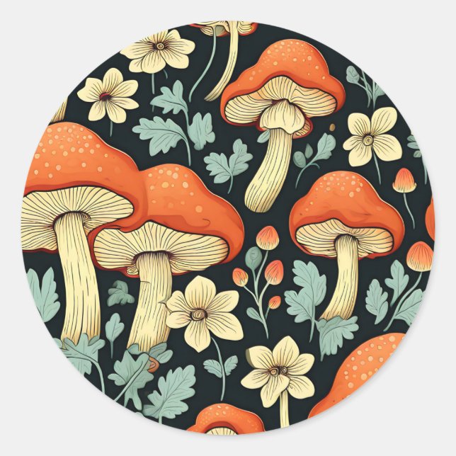 Sticker Rond Champignons rétro Fleurs Vintages (Devant)