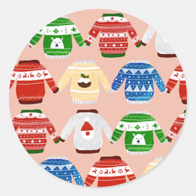 Sticker Rond Chandail moche de Noël rose (Devant)