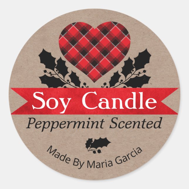 Sticker Rond Chandelle de soja de Noël Kraft Plaid Peppermenthe (Devant)