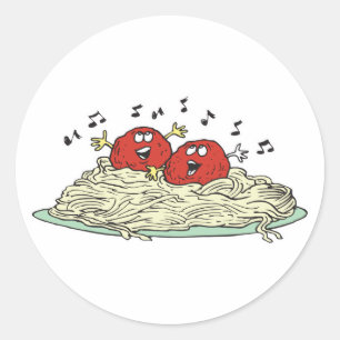 Sticker Rond chant des boulettes de viande sur spaghetti