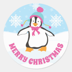 Sticker Rond Chapeau Bleu et Rose Mignon Manchot de Noël