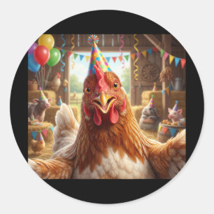 Sticker Rond Chapeau de fête d'anniversaire de selfie de poulet