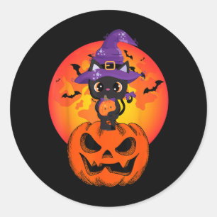 Sticker Rond Chapeau de sorcière de chat noir Halloween mignon 