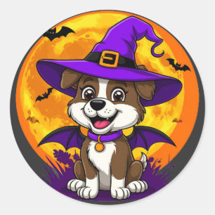 Sticker Rond Chapeau de Sorcière de Chien Joyeux Halloween