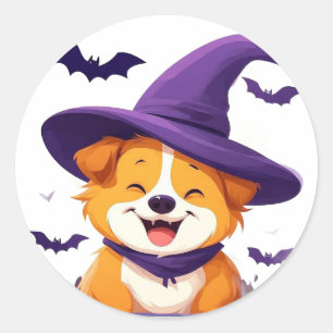 Sticker Rond Chapeau de sorcière de chiot drôle Halloween scène