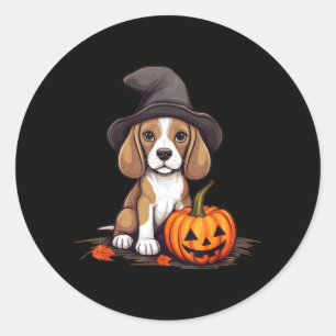Sticker Rond Chapeau de sorcière d'Halloween Citrouille Chien B