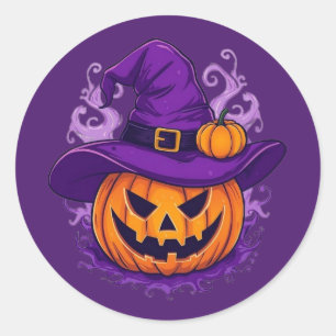 Sticker Rond Chapeau de sorcière d'Halloween Citrouille Jack-O'