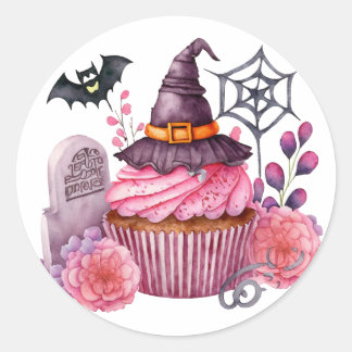 Sticker Rond Chapeau de sorcière, gateau, fleurs Halloween
