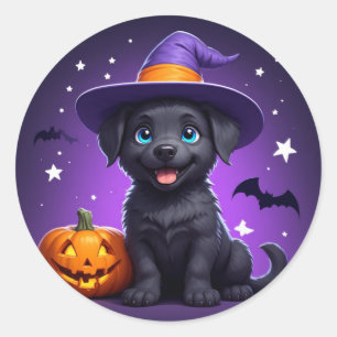 Sticker Rond Chapeau de Sorcière pour Chiots Mignons Halloween