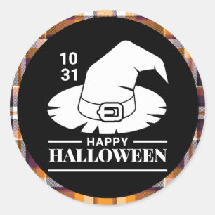 Sticker Rond Chapeau de sorcières blanches Halloween carreaux n