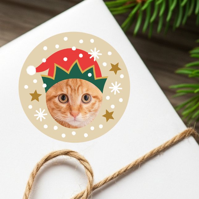 Sticker Rond Chapeau Elf Festif de Noël Photo Personnalisée Drô (Créateur téléchargé)