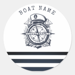 Sticker Rond Chapeau Nautique, Ancre, Roue Bleu Marine Rayé