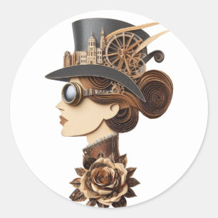 Sticker Rond Chapeau steampunk visage de femme art moderne