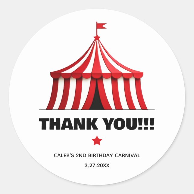 Sticker Rond Chapiteau de cirque rouge et blanc Fête d'annivers (Devant)