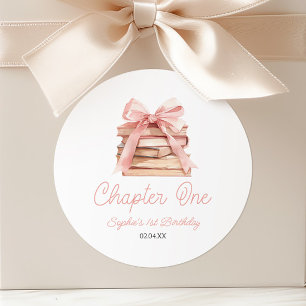 Sticker Rond Chapitre Un Nœud Rose Livres Fête 1er Anniversaire