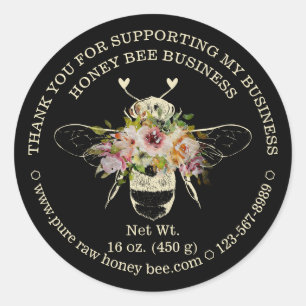 Sticker Rond Charbon Noir Blush Fleur Abeille Merci