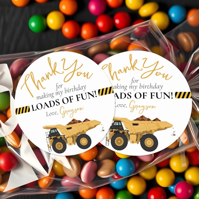 Sticker Rond Chariot de construction Anniversaire Merci Favoris (Cute dump truck construction vehicles boy birthday party thank you loads of fun favor stickers )