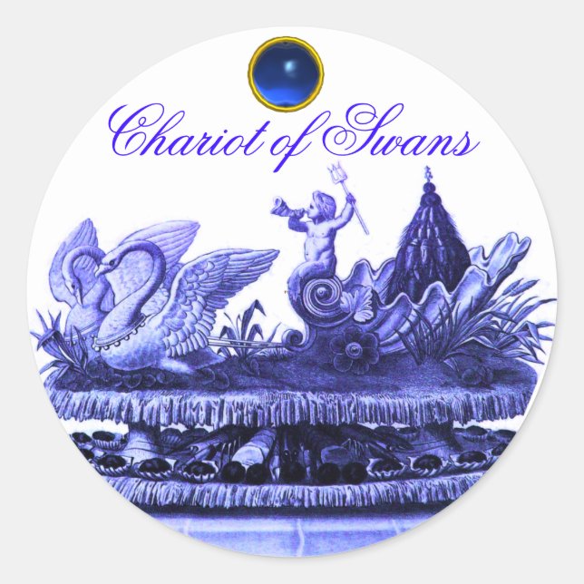 STICKER ROND CHARIOT DE SWANS ET CUPCAKES BLUE BEACH MARIAGE (Devant)