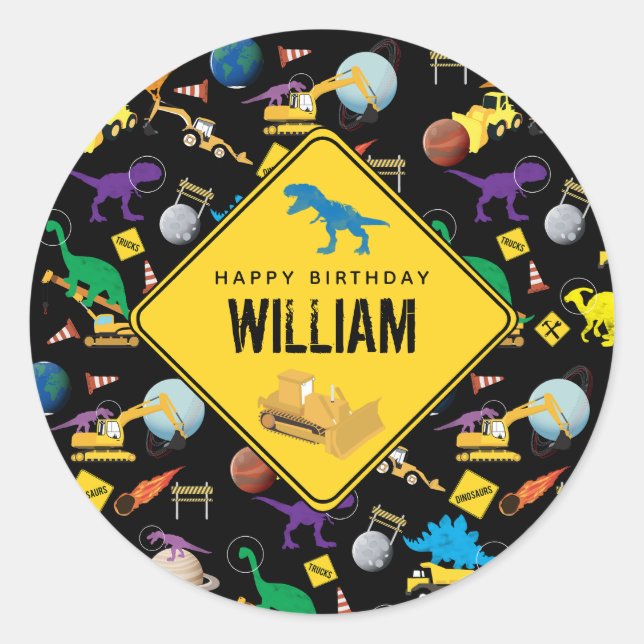 Sticker Rond Chariots de construction Dinosaures dans l'espace  (Devant)
