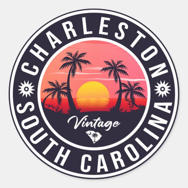 Sticker Rond Charleston Caroline du Sud - Retro Sunset Souvenir (Devant)
