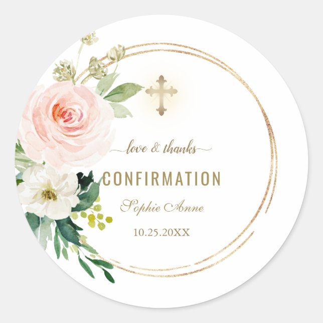 Sticker Rond Charm Rose Blush Floral Gold Cross Confirmation (Devant)
