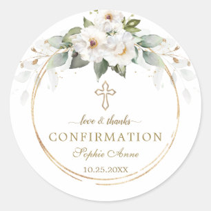 Sticker Rond Charm Wild White Roses Gold Cross Confirmation