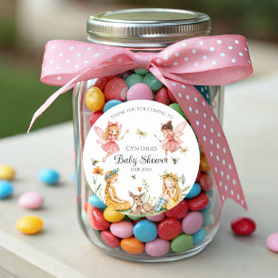 Sticker Rond Charmante Baby shower des animaux de bois des fées