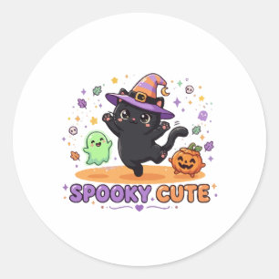 Sticker Rond Charmante Sorcière Chat Noir Halloween