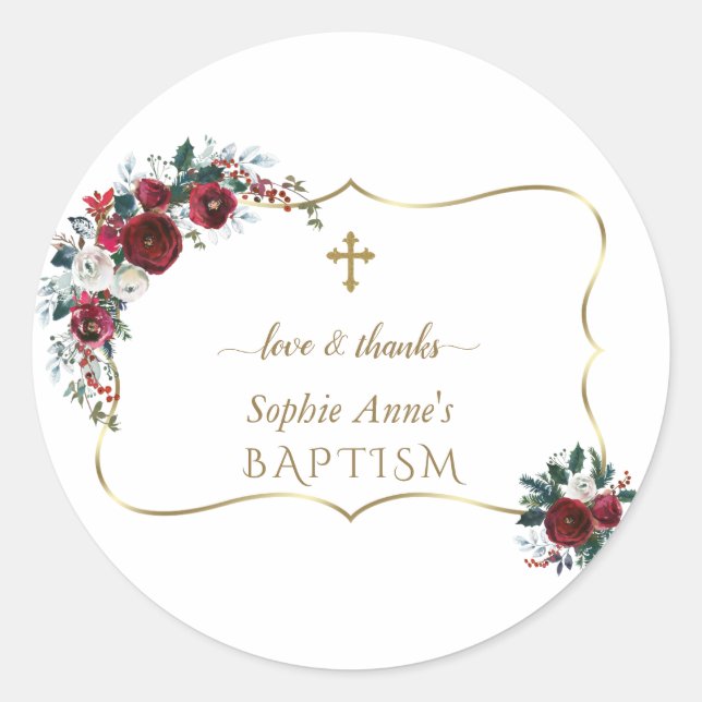 Sticker Rond Charme Bourgogne Fleurs Or Pine Baptême (Devant)