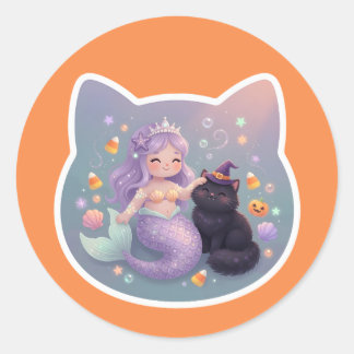 Sticker Rond Charme de Halloween Sirène et Chat