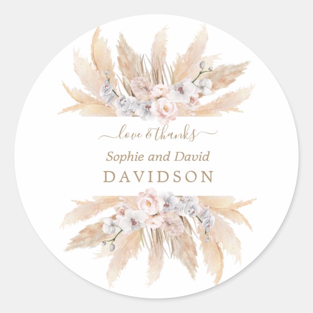 Sticker Rond Charme Roses Blanches Pampas Mariage en herbe (Devant)