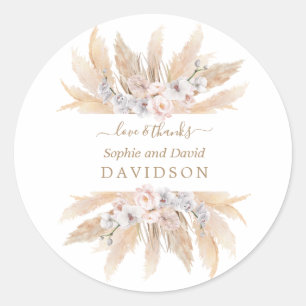 Sticker Rond Charme Roses Blanches Pampas Mariage en herbe