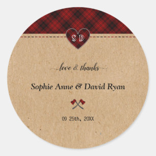 Sticker Rond Charme Rustique Buffalo Rouge Plaid Monogramme Mar