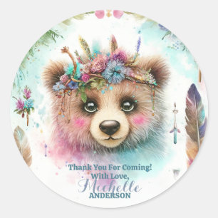 Sticker Rond Charming Boho Woodland Bear Aquarelle Anniversaire