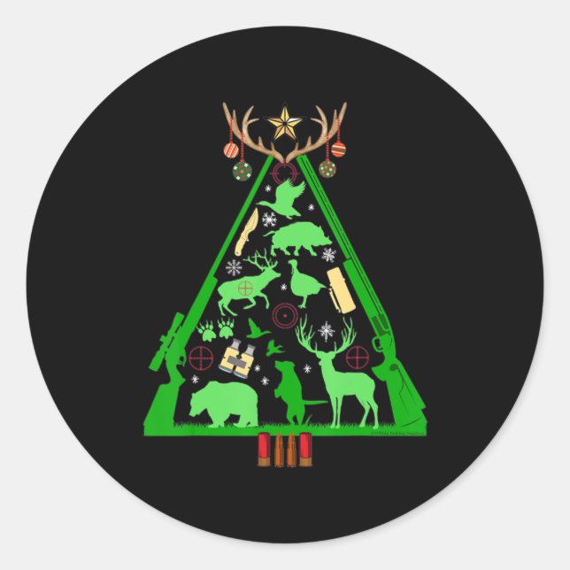 Sticker Rond Chasse amusante Cerf et Chasseur de wapitis Arbre  (Devant)