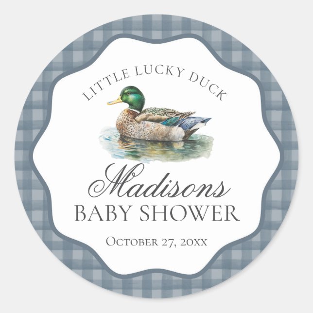 Sticker Rond Chasse au canard colvert Gingham Garçon Baby Showe (Devant)