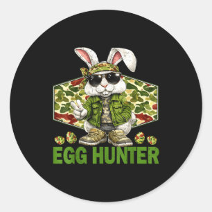 Sticker Rond Chasseur d'œufs lapin mignon signe de paix camoufl
