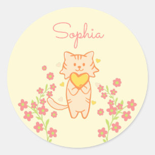 Sticker Rond Chat à fleurs mignonne et coeur