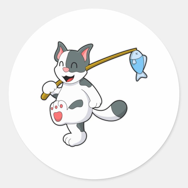 Sticker Rond Chat à la pêche avec bâton de pêche (Devant)