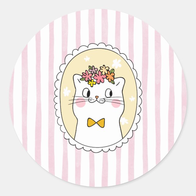 Sticker Rond Chat à rayures roses (Devant)