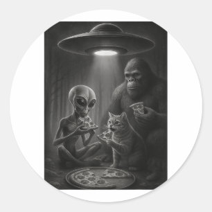 Sticker Rond Chat Amusant Avec Alien Et Pizza De Pied D'Oignon 