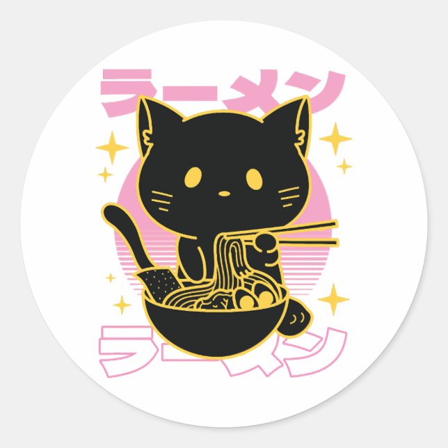 Sticker Rond Chat animal mangeant ramène nourriture (Devant)