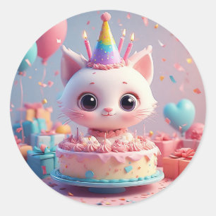 Sticker Rond Chat animé adorable célébrant une fête d'anniversa