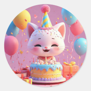 Sticker Rond Chat animé célébrant une fête d'anniversaire