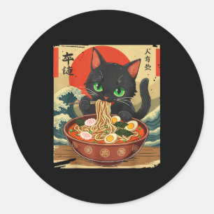 Sticker Rond Chat Anime Mangeant Ramen Art Japonais Graphique C